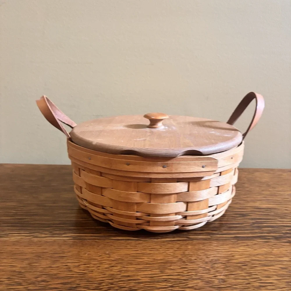 Longaberger Darning Basket 15504 Wood Lid Protector Leather Handles USA w/ Card